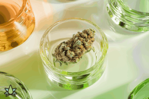 A Cannabis Kush is placed in a bowl on a white surface