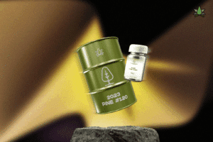 A can and a small vial of 2023 PINE #120 placed against a multicolour background